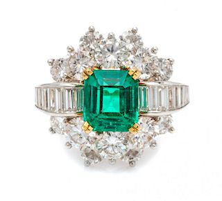 An 18 Karat Yellow Gold, Emerald and Diamond Ring, 7.50 dwts.
