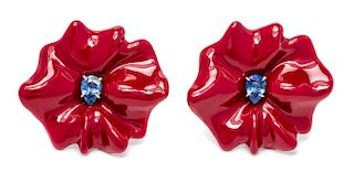 A Pair of 18 Karat White Gold, Lacquered Aluminum and Tanzanite Flower Motif Earclips, Sabbadini, 8.50 dwts.