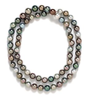 A Graduated Single Strand Multicolor Cultured Tahitian Pearl Necklace, 111.80 dwts.