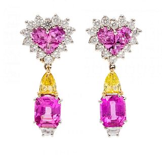 A Pair of Platinum, Colored Diamond, Diamond and Pink Sapphire Earclips, 7.00 dwts.