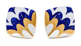 A Pair of 18 Karat Yellow Gold, Lapis Lazuli and Mother-of-Pearl Earclips, Angela Cummings for Tiffany and Co., 13.40 dwts.