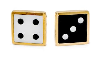 A Pair of 18 Karat Yellow Gold, Black Jade and Mother-of-Pearl Dice Earclips, Angela Cummings for Tiffany & Co., 8.60 dwts.