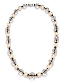 An 18 Karat White Gold, Rock Crystal, Cultured Pearl and Onyx Necklace, Buccellati,