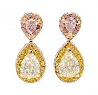 A Pair of 18 Karat Bicolor Gold, Color Diamond and Diamond Earrings, Gregg Ruth, 2.20 dwts.