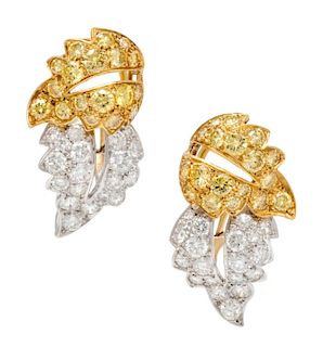 A Pair of 18 Karat Bicolor, Diamond and Colored Diamond Double Leaf Motif Earclips, Emis Bros., 7.50 dwts.