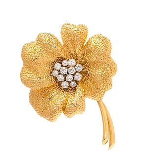 An 18 Karat Yellow Gold, Platinum and Diamond Flower Brooch, Van Cleef & Arpels, 18.70 dwts.