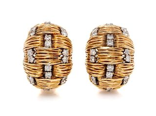 A Pair of 18 Karat Yellow Gold, Platinum and Diamond Domed Earclips, Van Cleef & Arpels, 19.50 dwts.