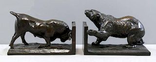 HARVEY, Eli. Pair of Bronze Bull & Bear Bookends.