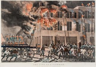 CURRIER and IVES, publishers. - After L. Maurer. The Life of a Fireman. 1854. 2 lithographs with hand-coloring.