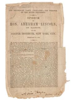 LINCOLN, Abraham (1809-1865) The Republican Party Vindicated - the Demands of the South Explained... N.Y., February 27, 1860.