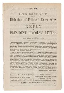 [LINCOLN] No. 10 and 11. Papers from the Society for the Diffusion of Political Knowledge. N.p.:n.p., n.d.