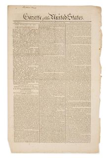 [NEWSPAPER] - [TREASURY DEPARTMENT] Gazette of the United States. New York, 16 September 1789. No. XLV. 4 pages.