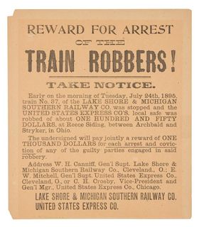 [TRAIN ROBBERY] Reward for Arrest of the Train Robbers! Reward poster. 1895.