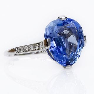 GPL, London Certified Antique 7.11 Carat Pear Shape Natural Unheated Sapphire and Platinum Ring.
