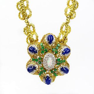 Large Vintage Approx. 3.00 Carat Emerald, 1.75 Carat Round Brilliant Cut Diamond, Cabochon Marquise Cut Opal, Pear Shape Lapi