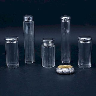 Five (5) Antique Glass Vanity Bottles with Sterling Silver Lids Plus One Lid (no bottle).