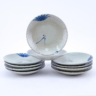 Set of Ten (10) Antique Japanese Celadon Plates with Crane Relief.