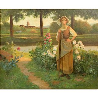 Jean Beauduin, Belgian (1851-1916) Oil on canvas "Maiden In Garden".
