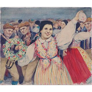 20th Century Czech School Watercolor laid down on cardboard "Wedding Scene".