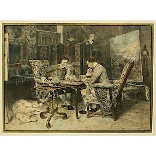 After: Jean-Louis-Ernest Meissonier, French/Italian (1815-1891) Color Etching "A Chess Game" Signed and Dated 1858.
