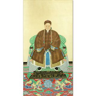 19th Century Chinese School "Ancestor Portrait" Gouache Painting on Paper.