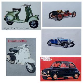 Five (5) Vintage Auto Prints. Includes: Lambretta, Vespa 1925, Duesenberg 1935 Model SJ, Ford 1902 Model 999, Fiate 500L.