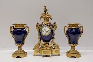 3 Pieces of French Cobalt Porcelain Bronze Clock