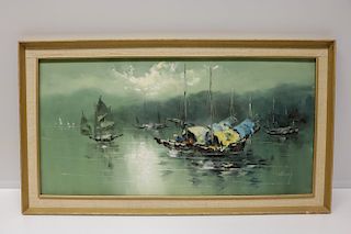 Oil on Canvas Painting Ships in Water, Signed