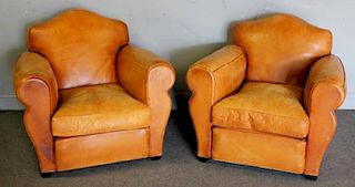 Pair Vintage French Art Deco Leather Club Chairs