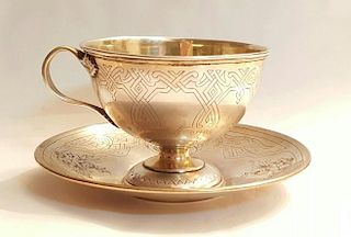 Antique Russian Silver Pan Slavic Cup Saucer Set