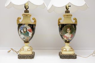 European Pair of Porcelain Lamps w/ Bronze Base