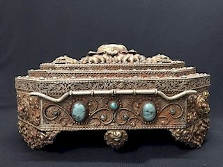 Chinese Finely Carved Jewelry Box w Turquoise