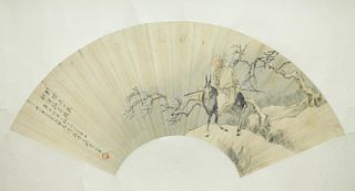 Chinese Ink/Color Fan Painting on Paper, Signed