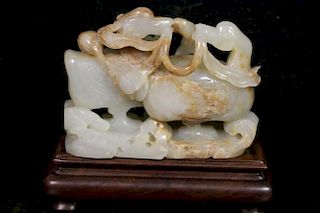 Chinese White Jade Carving of Two Gooses w/ Russet