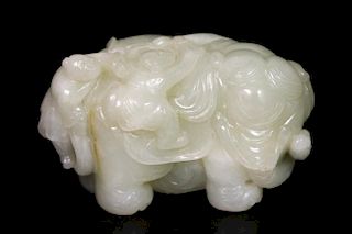 Chinese White Jade Carving of Elephant and Boys