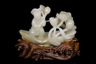 Chinese Jade Carved Boat w/ Child and Lotus Design