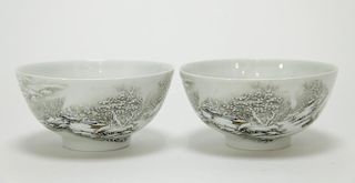 Pair of Chinese Snowing Scene Porcelain Bowls