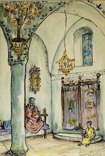 Zvi Livni Judaic Temple Interior WC Painting