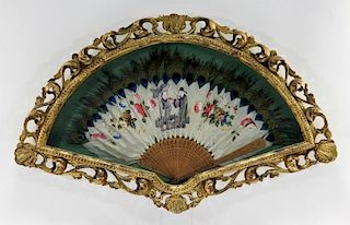 19C. Chinese Peacock Feather Painted Bamboo Fan