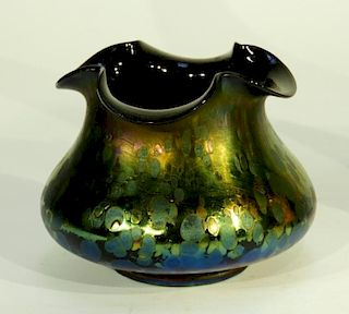 Czech Iridescent Art Glass Quatrefoil Squat Vase