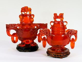 2 Chinese Faux Cherry Amber Censers
