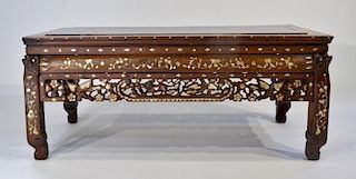 Chinese Carved Wood & MOP Inlaid Bench Table