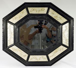 Japanese Lacquered Wood & Textile Octagonal Mirror