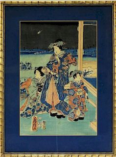 19C Japanese Courtyard Woodblock Print of 3 Geisha
