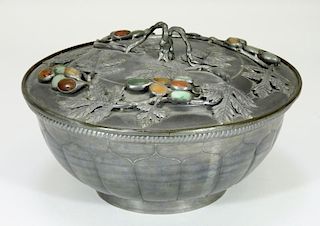 Chinese Hardstone Inset Pewter Covered Bowl