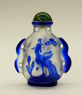 Chinese Blue Clear Peking Glass Crane Snuff Bottle