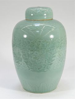 18C. Chinese Celadon Porcelain Incised Ginger Jar