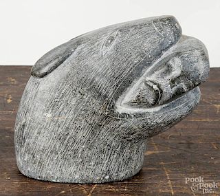 Inuit soapstone carving of a sea lion with a mans head, signed Allie, 5'' h., together with two oth