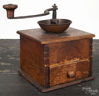 Pine coffee grinder, 19th c., with a copper bowl, 9'' h.