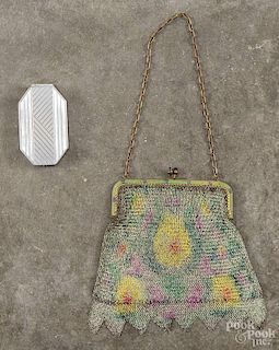 German painted wire mesh purse, early 20th c., together with a compact, 6'' l.